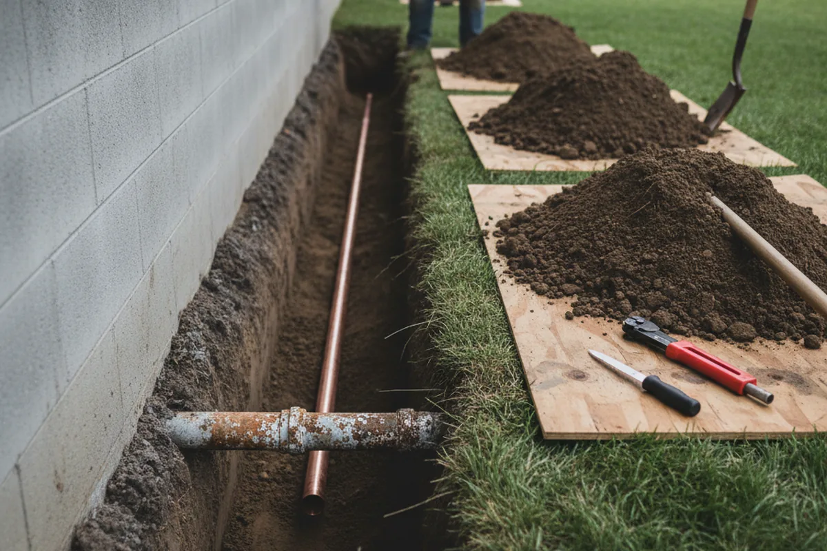 Excavated water line trench during Water Heater Repair in Ledbetter